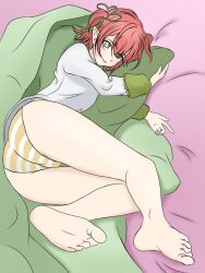 Rule 34 | 1girl, bed, blanket, commission, feet, fuyo cloverfield, green eyes, hair ribbon, idol corp, legs, looking at viewer, nose, panties, pink hair, pointy ears, ribbon, shirt, soles, striped clothes, striped panties, thighs, toes, underwear, virtual youtuber