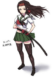 Rule 34 | 1girl, brown eyes, brown hair, full body, girls und panzer, headband, highres, holding, holding sword, holding weapon, katana, long hair, looking at viewer, midriff, mordeth, muneate, ooarai school uniform, saemonza (girls und panzer), school uniform, sketch, solo, sword, thighhighs, weapon, white background
