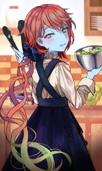 Rule 34 | 1girl, alternate hairstyle, blue dress, blue eyes, blue scrunchie, blue skin, blue tongue, bowl, brown hair, colored skin, colored tongue, dress, fangs, fate/grand order, fate (series), highres, holding, holding bowl, holding tongs, long hair, looking at viewer, mixing bowl, nail, ponytail, salad, scrunchie, shimogamo (shimomo 12), shirt, solo, tongs, tongue, van gogh (fate), van gogh (second ascension) (fate), white shirt