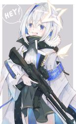 Rule 34 | 1girl, alternate costume, amane kanata, assault rifle, commentary, english commentary, english text, grey background, gun, hair ornament, highres, hololive, inabareito, jacket, open mouth, purple eyes, rifle, scope, short hair, silver hair, simple background, solo, trigger discipline, virtual youtuber, weapon