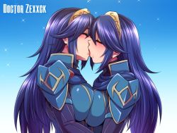 Rule 34 | 2girls, armor, artist name, blue background, blue hair, breasts, closed eyes, commentary, commission, doctor zexxck, english commentary, fire emblem, fire emblem awakening, french kiss, gradient background, hair between eyes, kiss, large breasts, long hair, lucina (fire emblem), multiple girls, nintendo, selfcest, shoulder armor, tongue, two-tone background, upper body, watermark, white background, yuri
