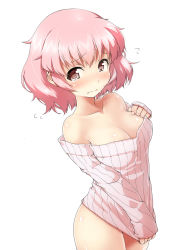 Rule 34 | 1girl, bare shoulders, blush, bottomless, breasts, cleavage, collarbone, embarrassed, flying sweatdrops, highres, large breasts, looking at viewer, naked sweater, no pants, off-shoulder, off-shoulder sweater, off shoulder, original, pink eyes, pink hair, ribbed sweater, short hair, simple background, solo, sweater, tareme, tears, wavy mouth, white background, yoshike~to
