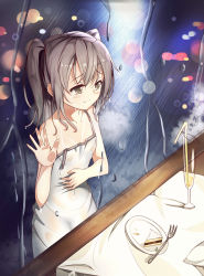 Rule 34 | 1girl, 3:, 7lark, black eyes, black hair, cake, casual, crying, crying with eyes open, dress, food, glass, hand on glass, hand on own stomach, hungry, original, rain, short hair, solo, strap slip, streaming tears, tears, twintails, wet, window