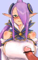 Rule 34 | blush, breasts, censored, elf, glasses, green eyes, hair over one eye, han (jackpot), large breasts, penis, pointless censoring, pointy ears, ponytail, purple hair, sacred blaze, selphina, sideboob, sweat, upper body