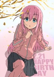 Rule 34 | 1girl, blue eyes, blush, bocchi the rock!, cube hair ornament, gotoh hitori, hair between eyes, hair ornament, happy birthday, jacket, long hair, looking at viewer, one side up, pink hair, pink jacket, skirt, solo, track jacket, zelo6