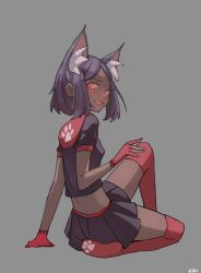 Rule 34 | 1girl, :3, absurdres, animal ear fluff, animal ears, artist name, black shirt, black skirt, blush, breasts, cat, cat ears, cat girl, commentary, crop top, dark-skinned female, dark skin, extra ears, fang, gloves, grey background, highres, kiritzugu, looking at viewer, looking back, medium breasts, medium hair, midriff, miniskirt, no shoes, open mouth, original, parted bangs, partially fingerless gloves, paw print, paw print soles, pleated skirt, puffy short sleeves, puffy sleeves, purple hair, red eyes, red footwear, red gloves, red thighhighs, shirt, short hair, short sleeves, sidelocks, signature, simple background, sitting, skirt, slit pupils, smile, solo, teeth, thighhighs