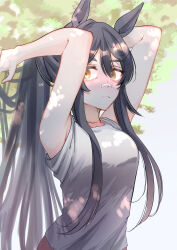 Rule 34 | 1girl, absurdres, adjusting hair, animal ears, arms up, bandaid, bandaid on face, bandaid on nose, black hair, blush, closed mouth, commentary request, hair between eyes, highres, horse ears, horse girl, light frown, long hair, narita brian (umamusume), outdoors, shirt, sidelocks, solo, sweat, tsukasa (avdx5538), umamusume, upper body, very long hair, white shirt, yellow eyes