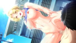 Rule 34 | 1girl, blonde hair, blush, bottomless, breasts, breasts out, censored, clothes lift, cloud, cowgirl position, day, from below, game cg, girl on top, groin, happy, happy sex, high ponytail, kaneshiro wataru, large breasts, legs, long hair, lying, mosaic censoring, nipples, no panties, open mouth, original, outdoors, penis, ponytail, pussy, red eyes, sex, shirt lift, sky, sleeveless, smile, soku iki bishonure athlete!, solo focus, straddling, sunlight, thighs, vaginal