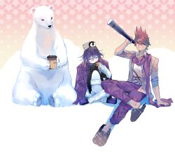 Rule 34 | 2boys, absurdres, animal, animal hug, animal on head, baby penguin, bear, bird, checkered clothes, checkered scarf, commentary request, covering own mouth, cup, danganronpa (series), danganronpa v3: killing harmony, grey shirt, grin, hair between eyes, highres, holding, holding cup, jacket, jacket on shoulders, long sleeves, male focus, momota kaito, multiple boys, oma kokichi, on ground, on head, one eye closed, open clothes, pants, penguin, pink jacket, polar bear, print shirt, purple hair, qianhai, scarf, shirt, shoes, sitting, sleeves pushed up, smile, snow, space print, starry sky print, telescope, white pants