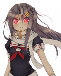 Rule 34 | 1girl, :t, alternate eye color, alternate hairstyle, amano kouki, blouse, blush, cosplay, hair ornament, hair ribbon, hairclip, highres, kantai collection, long hair, looking at viewer, neckerchief, red eyes, red neckerchief, ribbon, sailor collar, scarf, school uniform, serafuku, shirt, silver hair, simple background, solo, upper body, wavy mouth, white background, white scarf, yuudachi (kancolle), yuudachi (kancolle) (cosplay), zuihou (kancolle)