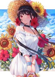 Rule 34 | 1girl, bare shoulders, black hair, blush, bracelet, breasts, brown hat, closed mouth, collarbone, commentary, day, dress, english commentary, flower, hair flower, hair ornament, hakuishi aoi, hat, hat flower, highres, holding, jewelry, long hair, long sleeves, looking at viewer, low twintails, off-shoulder dress, off shoulder, original, red eyes, red flower, single wrist cuff, small breasts, solo, straw hat, sunflower, twintails, very long hair, white dress, wrist cuffs, yellow flower