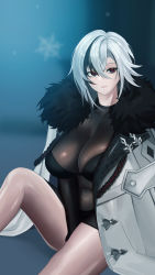 Rule 34 | 1girl, absurdres, arlecchino (genshin impact), black eyes, black hair, breasts, closed mouth, commentary, english commentary, fur collar, fur trim, gcg, genshin impact, grey hair, highres, impossible clothes, jacket, large breasts, looking at viewer, medium hair, multicolored hair, open clothes, open jacket, red pupils, sitting, solo, streaked hair, thighs, white jacket