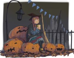 Rule 34 | 1girl, :&lt;, autumn leaves, black background, black pantyhose, blue eyes, boots, braid, broom, brown footwear, brown hair, castle, closed mouth, food, full body, hair ornament, hair over shoulder, hairclip, halloween, hat, holding, holding food, jack-o&#039;-lantern, lantern, layered sleeves, leaf, legs together, lettuce, long hair, long sleeves, looking to the side, original, pantyhose, pennant, sandwich, shirt, short over long sleeves, short sleeves, sitting, sitting on object, skirt, solo, string of flags, striped clothes, striped shirt, twin braids, witch, witch hat, wu ba pin