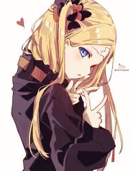 Rule 34 | 1girl, abigail williams (fate), abigail williams (traveling outfit) (fate), absurdres, alternate hairstyle, black bow, black jacket, blonde hair, blue eyes, blush, bow, crossed bandaids, double w, fate/grand order, fate (series), from side, hair bow, hands up, heart, heroic spirit traveling outfit, highres, jacket, long hair, long sleeves, looking at viewer, looking to the side, official alternate costume, orange bow, parted bangs, profile, signature, simple background, sleeves past wrists, sofra, solo, twitter username, two side up, very long hair, w, white background