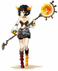 Rule 34 | 1girl, amber (gemstone), amber (personification), belt, black hair, boots, breasts, brown eyes, celestial stones, cleavage, detached sleeves, dragon, fantasy, gem, jewelry, knee boots, morina nao, necklace, orb, original, personification, pointy ears, short hair, small breasts, solo, staff