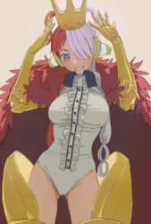 Rule 34 | 1girl, armor, armored boots, ass, bare shoulders, boots, breasts, crown, dress, fingernails, full body, fur trim, gauntlets, grin, hair over one eye, headphones, highres, idol, large breasts, leotard, light blush, long hair, long sleeves, looking at viewer, multicolored hair, one piece, one piece film: red, purple eyes, red hair, smile, solo, two-tone hair, upper body, urasanmyaku, uta (one piece), very long hair, white hair, white leotard, wide hips