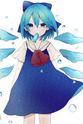 Rule 34 | 1girl, artist name, blue bow, blue dress, blue eyes, blue hair, bow, cirno, commentary request, cowboy shot, detached wings, dress, dripping, food, food in mouth, hair between eyes, hair bow, highres, ice, ice wings, looking at viewer, medium hair, mouth hold, neck ribbon, necono (nyu6poko), popsicle, red ribbon, ribbon, shirt, short sleeves, simple background, solo, touhou, white background, white shirt, wings