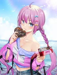 Rule 34 | 1girl, :t, ahoge, black bow, blinking, blue bow, blush, bow, braid, breasts, candy, chocolate, chocolate heart, cleavage, closed mouth, collarbone, commentary request, denim, eating, food, hair bow, heart, highres, holding, holding food, long hair, long sleeves, looking at viewer, medium breasts, midriff peek, mole, mole under mouth, off shoulder, original, pocky, pov, purple hair, red bow, solo, teddy (khanshin), twin braids, upper body, very long hair, yellow bow