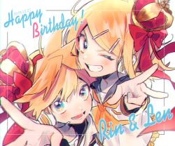 Rule 34 | 1boy, 1girl, 2019, bare shoulders, black collar, black sleeves, blonde hair, blue eyes, bow, brother and sister, character name, collar, commentary, crop top, crown, dated, detached sleeves, grin, hair bow, hair ribbon, happy birthday, headphones, headset, highres, kagamine len, kagamine rin, kouhara yuyu, looking at viewer, neckerchief, one eye closed, open mouth, red ribbon, ribbon, sailor collar, school uniform, shirt, short hair, short sleeves, siblings, sleeveless, sleeveless shirt, smile, spiked hair, swept bangs, twins, upper body, v, vocaloid, white background, white shirt, yellow neckerchief