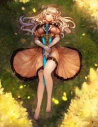 Rule 34 | 1girl, absurdres, bad id, bad pixiv id, blonde hair, blue eyes, breasts, dress, elf, full body, grass, hair ribbon, highres, kibellin, long hair, looking at viewer, lying, medium breasts, on back, original, outdoors, parted lips, pointy ears, ribbon, smile, solo, sword, weapon