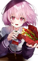 Rule 34 | 10s, 1girl, :d, absurdres, bad id, bad pixiv id, bendy straw, blush, collared shirt, dress shirt, drinking straw, english text, food, gridman universe, hair between eyes, heart, heart in eye, highres, holding, holding food, hot dog, jacket, leaning forward, long sleeves, looking at viewer, off shoulder, open mouth, pink hair, pomu (pomu me), purple jacket, red eyes, shinjou akane, shirt, simple background, sleeves past wrists, smile, solo, ssss.gridman, symbol in eye, unmoving pattern, white background, white shirt