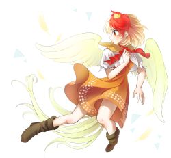 Rule 34 | 1girl, arms up, bird, bird tail, bird wings, blonde hair, boots, brown dress, brown footwear, capelet, chick, commentary request, dress, feathered wings, feathers, foreshortening, full body, highres, layered dress, looking to the side, mirei (miirei), multicolored hair, neck ribbon, niwatari kutaka, outstretched leg, profile, puffy short sleeves, puffy sleeves, red eyes, red hair, red ribbon, ribbon, short hair, short sleeves, simple background, smile, solo, tail, touhou, two-tone hair, white background, wings