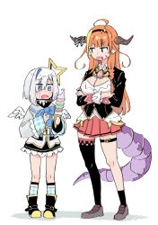 Rule 34 | 2girls, ahoge, amane kanata, angel wings, black hairband, blonde hair, blue hair, boots, bow, breasts, cleavage, cleavage cutout, clothing cutout, colored inner hair, commentary request, crossed arms, diagonal-striped bow, dragon girl, dragon horns, dragon tail, food, food on face, grey hair, grey jacket, hairband, halo, highres, holding, hololive, horn bow, horn ornament, horns, ice cream cone, jacket, kiryu coco, kiryu coco (1st costume), large breasts, miniskirt, multicolored hair, multiple girls, orange hair, pink hair, single thighhigh, skirt, star halo, streaked hair, tail, thigh strap, thighhighs, two-tone hair, virtual youtuber, watanabe masafumi (masafumi 127), wings