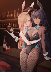 Rule 34 | 2girls, absurdres, ahoge, alcohol, animal ears, aqua bow, aqua bowtie, aqua leotard, asuna (blue archive), asuna (bunny) (blue archive), bar stool, bare shoulders, black leotard, blonde hair, blue archive, bow, bowtie, breasts, bruneak, cleavage, closed mouth, commentary request, cowboy shot, dark-skinned female, dark skin, detached collar, fake animal ears, fishnet legwear, fishnets, forehead, gloves, hair between eyes, hair over one eye, headband, highleg, highleg leotard, highres, holding, holding tray, hug, ice, ice cube, karin (blue archive), karin (bunny) (blue archive), large breasts, leotard, liquor, looking at another, multiple girls, number tattoo, official alternate costume, pantyhose, parted bangs, playboy bunny, split mouth, stool, strapless, strapless leotard, table, tattoo, traditional bowtie, tray, white gloves, white headband, wrist cuffs, yellow eyes