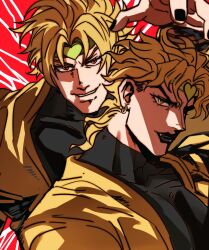 Rule 34 | 2boys, arm up, black leotard, black lips, black nails, blonde hair, commentary, dio brando, dual persona, earrings, evil smile, fangs, headband, heart, highres, jacket, jewelry, jojo no kimyou na bouken, leotard, long hair, long sleeves, looking at viewer, male focus, multiple boys, muscular, muscular male, parted lips, pectorals, red eyes, shenshan laolin, smile, stardust crusaders, stardust crusaders (ova), symbol-only commentary, vampire, yellow eyes, yellow jacket