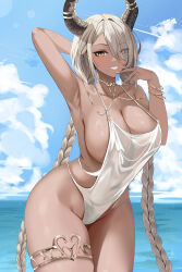 Rule 34 | 1girl, absurdres, arm behind head, asymmetrical bangs, azur lane, bangle, bare hips, bare shoulders, blonde hair, bracelet, braid, breasts, brown eyes, brown horns, cleavage, cloud, cloudy sky, collarbone, cowboy shot, dark-skinned female, dark skin, dlnk, grin, hair over one eye, hand up, highleg, highleg swimsuit, highres, horn ornament, horns, jewelry, large breasts, large horns, long bangs, long hair, looking at viewer, low twin braids, mole, mole under mouth, necklace, official alternate costume, one-piece swimsuit, outdoors, owari (azur lane), owari (shimmering forsythia) (azur lane), see-through, sideless outfit, sky, smile, solo, swimsuit, thighlet, twin braids, very long hair, white nails, white one-piece swimsuit, white swimsuit