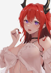 Rule 34 | 1girl, absurdres, areola slip, arknights, bare shoulders, black choker, black nails, blush, breasts, cherry, choker, cleavage, criss-cross halter, detached sleeves, food, fruit, halterneck, highres, holding, holding food, horns, large breasts, long hair, long sleeves, looking at viewer, nail polish, official alternate costume, open mouth, purple eyes, red hair, solo, surtr (arknights), surtr (colorful wonderland) (arknights), swimsuit cover-up, theos, tongue, tongue out, upper body