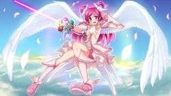Rule 34 | 00s, 1girl, angel wings, bike shorts, bike shorts under skirt, blush, bug, butterfly, cloud, cure dream, day, energy sword, gloves, hair rings, highres, insect, long hair, magical girl, open mouth, pink eyes, pink hair, pink shorts, precure, shining dream, shorts, shorts under skirt, skirt, sky, solo, sword, takebi, wallpaper, weapon, wings, yes! precure 5, yumehara nozomi