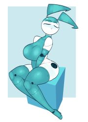 Rule 34 | 1girl, absurdres, android, blue footwear, blue hair, boots, breasts, choker, closed eyes, elbow gloves, gloves, high heel boots, high heels, highres, jenny wakeman, joints, my life as a teenage robot, nsfwskully, robot joints, sitting, solo, tagme, thick thighs, thigh boots, thighhighs, thighs, twintails
