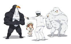Rule 34 | &gt;:d, 1boy, 1girl, :d, admiral (kancolle), animal, bacius, beret, black hair, bow, brown hair, cat, clothes writing, creature, epaulettes, error musume, failure penguin, fist in hand, girl holding a cat (kancolle), hair bow, hat, holding, holding animal, jacket, jurassic park, jurassic world, kantai collection, kneehighs, long hair, long sleeves, looking at another, low twintails, meme, military, military hat, military uniform, miss cloud, muscular, open mouth, outstretched arms, pants, parody, peaked cap, prattkeeping (meme), sailor hat, school uniform, serafuku, shadow, shoes, shoshinsha mark, simple background, smile, socks, spread arms, standing, twintails, uniform, v-shaped eyebrows, white background, white socks