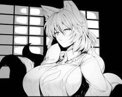 Rule 34 | 1girl, animal ears, breasts, commentary, fox ears, fox girl, fox tail, kitsune, large breasts, looking at viewer, mizuga, monochrome, multiple tails, parted lips, short hair, solo, symbol-only commentary, tabard, tail, touhou, upper body, window, yakumo ran