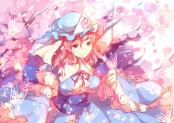 Rule 34 | 1girl, bug, butterfly, cherry blossoms, frilled sleeves, frills, hat, bug, japanese clothes, kimono, long sleeves, mob cap, pink hair, saigyouji yuyuko, short hair, touhou, triangular headpiece, wide sleeves, yetworldview kaze