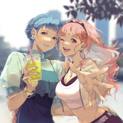 Rule 34 | 2girls, ;d, alternate costume, blue hair, breasts, camisole, casual, cleavage, commentary, contemporary, crop top, cup, disposable cup, drinking straw, earrings, fire emblem, fire emblem: three houses, grey eyes, grin, highres, hilda valentine goneril, holding, holding cup, hoop earrings, jewelry, large breasts, long hair, looking at viewer, marianne von edmund, midriff, multiple girls, navel, nintendo, one eye closed, open mouth, pink hair, puffy short sleeves, puffy sleeves, purple eyes, see-through, see-through sleeves, shiroi (shiroicbe), short hair, short sleeves, smile, spaghetti strap, stomach, upper body