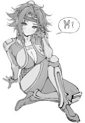 Rule 34 | 1girl, ?, absurdres, ameyame, animal ears, blush, bodysuit, breasts, cleavage, closed mouth, code geass, collar, collarbone, eyes visible through hair, full body, greyscale, headband, highres, kouzuki kallen, large breasts, leaning, leaning back, looking at viewer, monochrome, parted bangs, rabbit ears, short hair, simple background, sitting, solo, sunrise (company), white background