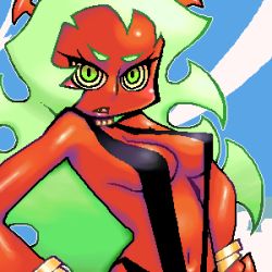Rule 34 | 10s, 1girl, breasts, cleavage, colored skin, demon girl, green eyes, green hair, looking at viewer, lowres, matagitii, matching hair/eyes, oekaki, panty &amp; stocking with garterbelt, red skin, scanty (psg), slingshot swimsuit, small breasts, solo, swimsuit