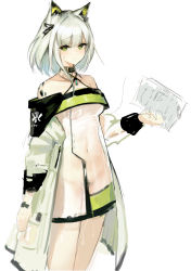 Rule 34 | 1girl, absurdres, animal ear fluff, animal ears, arknights, arm at side, bare shoulders, breasts, cat ears, chinese commentary, closed mouth, collar, commentary request, cowboy shot, dress, female pubic hair, frown, green eyes, highres, holding, holding paper, kal&#039;tsit (arknights), lab coat, long sleeves, material growth, medium breasts, nai (daiduolaoge), navel, no bra, no panties, open clothes, oripathy lesion (arknights), paper, pubic hair, pubic hair peek, see-through, short hair, silver hair, simple background, sketch, solo, underboob, white background
