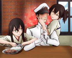 Rule 34 | 10s, 1boy, 2girls, admiral (kancolle), akagi (kancolle), brick wall, brown hair, curry, curry rice, food, hasebe akira, hat, heart, indoors, japanese clothes, kaga (kancolle), kantai collection, long hair, military, military uniform, multiple girls, muneate, naval uniform, open mouth, plate, rice, short hair, side ponytail, spoon, table, theft, uniform, window
