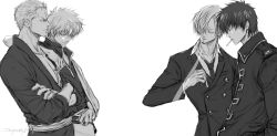 Rule 34 | 4boys, cigarette, crossed arms, crossover, double-breasted, closed eyes, facial hair, formal, gintama, goatee, hair over one eye, hands in pockets, highres, hijikata toushirou, male focus, monochrome, multiple boys, necktie, one piece, open collar, robe, roronoa zoro, sakata gintoki, sanji (one piece), sash, scar, voice actor connection, smirk, smoking, suit, zzyzzyy