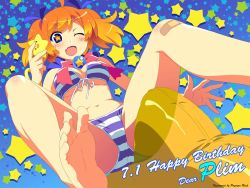 Rule 34 | 1girl, ;d, bandaid, bandaid on knee, bandaid on leg, barefoot, bikini, blue eyes, blush, bow, breasts, breasts apart, cleavage, fang, feet, foot focus, from below, front-tie top, gradient hair, looking at viewer, looking down, multicolored hair, navel, one eye closed, open mouth, orange hair, plim, simple background, smile, soles, star-shaped pupils, star (symbol), starry background, striped bikini, striped clothes, swimsuit, symbol-shaped pupils, toes, twinkle soft, watanabe akio, wink