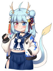 Rule 34 | 1girl, :p, ahoge, antlers, bailingxiao jiu, bell, black choker, black gloves, blue bow, blue eyes, blue hair, blue sailor collar, blue skirt, blush, bow, brown ribbon, candy, cat hair ornament, checkerboard cookie, choker, closed mouth, collarbone, cookie, cropped legs, double bun, dragon tail, ear piercing, fingerless gloves, food, gloves, groin, hair bell, hair bun, hair ornament, hair ribbon, hand up, heterochromia, highres, holding, holding candy, holding food, holding lollipop, horns, impossible clothes, jacket, jingle bell, lollipop, long hair, long sleeves, looking at viewer, open clothes, open jacket, original, piercing, pleated skirt, pointy ears, puffy long sleeves, puffy sleeves, red eyes, ribbon, sailor collar, school uniform, serafuku, shirt, skirt, smile, solo, tail, tail raised, tongue, tongue out, white jacket, white shirt