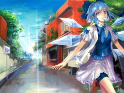 Rule 34 | 1girl, alternate costume, cirno, contemporary, faux traditional media, food, mouth hold, popsicle, solo, touhou, town, xiezhua (amyoy)