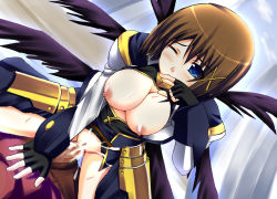 Rule 34 | 00s, 1girl, blue eyes, blush, breasts, brown hair, censored, cleavage, cum, cum in pussy, hair ornament, kuronezumi, large breasts, lyrical nanoha, mahou shoujo lyrical nanoha, mahou shoujo lyrical nanoha strikers, mosaic censoring, nipples, one eye closed, penis, sex, solo, straddling, vaginal, wink, x hair ornament, yagami hayate
