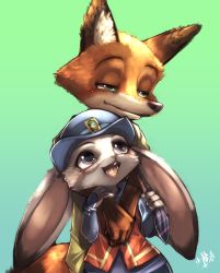 Rule 34 | 1boy, 1girl, :3, animal ears, artist name, blue headwear, blue shirt, blush, buck teeth, couple, fox ears, fox tail, furry, gradient background, green background, green eyes, green shirt, half-closed eyes, happy, hat, highres, hug, hug from behind, judy hopps, light blush, long sleeves, looking at another, looking up, nick wilde, open mouth, orange vest, police, police uniform, policewoman, purple eyes, rabbit ears, shirt, short sleeves, shourin bonzu, signature, simple background, smile, standing, tail, teeth, tongue, uniform, vest, zootopia