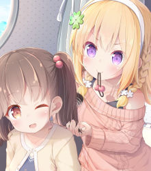 Rule 34 | 2girls, blonde hair, braid, brown hair, brushing hair, cable knit, clover hair ornament, comb, copyright request, hair bobbles, hair ornament, hairband, highres, medium hair, mouth hold, multiple girls, one eye closed, pirason, purple eyes, sweater, tank top, twintails, undershirt, yellow eyes