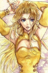 Rule 34 | 1990s (style), 1girl, arms up, blonde hair, blue eyes, breasts, celes chere, cleavage cutout, clothing cutout, detached sleeves, earrings, female focus, final fantasy, final fantasy vi, jewelry, long hair, mochineko, solo, sword, weapon