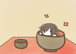 Rule 34 | 1girl, azuma (azur lane), azur lane, black eyes, chibi, cup, flower, hair flaps, in container, in cup, koti, long hair, red flower, simple background, smile, solo, yellow background